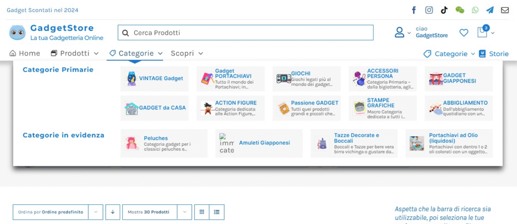 SitoWeb – E-commerce per dropshipping (2024) 18 gadgetstore menu desktop solo categorie v1